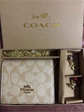 Coach Beige Signature Canvas Wallet Crossbody with Gold Hardware